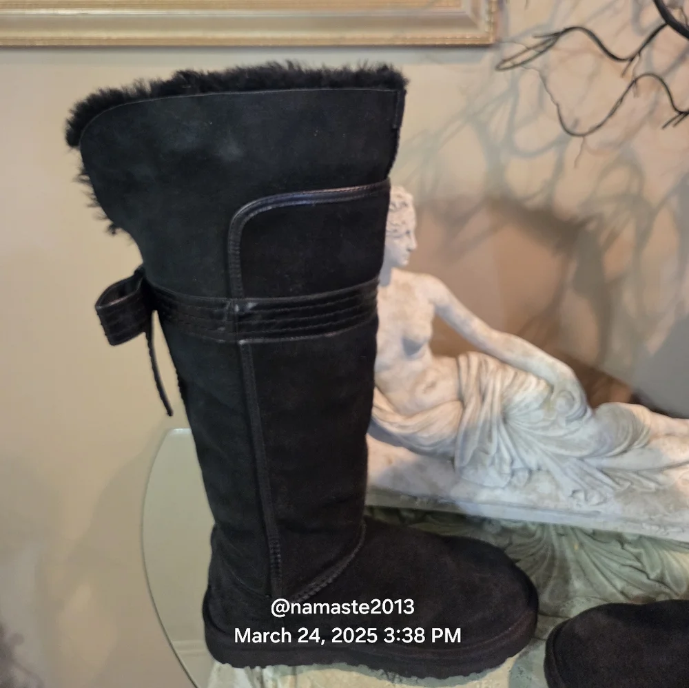 Ugg Genevieve Over The Knee Boots Suede Leather Fur Bows Designer Luxury #159